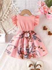 Casual Polyester Floral Print Dress with Ruffled Sleeves and Bow Detail