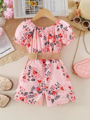 Pattern Puff Sleeve Romper Jumpsuit With Belt