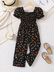 Floral Print Summer Jumpsuit with Puff Sleeves