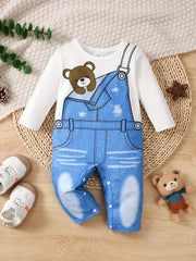 Cartoon Imitation Denim Jumpsuit Pattern Casual Long Sleeve Romper