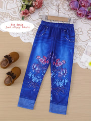 Flower Graphic Imitation Denim Print Leggings Pants