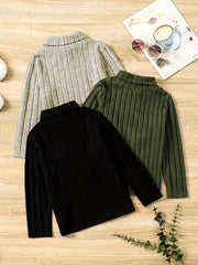 3pcs/set Long Sleeve Solid Colored Turtle Neck Rib-knit Pullovers