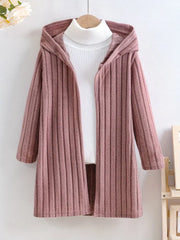 Solid Color Rib-knit Open Front Hooded