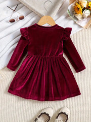 Velvet Round Neck Long Sleeve Pleated Skirt with Leaf Design