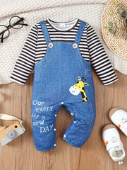 Cartoon Imitation Denim Jumpsuit Pattern Casual Long Sleeve Romper