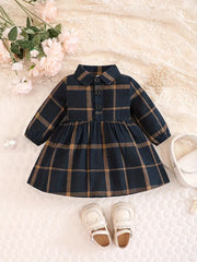 Long Sleeve Waisted Plaid Print Causal & Cute Dress