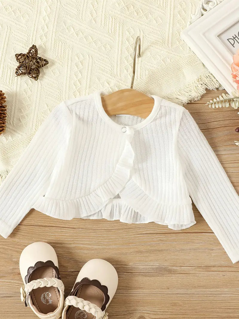 Solid Rib Knit Ruffle Trim Round Neck Long-sleeve Cardigan/Crop Top