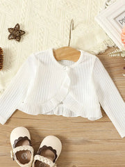 Solid Rib Knit Ruffle Trim Round Neck Long-sleeve Cardigan/Crop Top