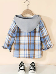 Boy's Hooded Plaid Long Sleeve Button Up Shirt With Pockets