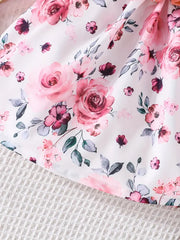 Baby Girls Cute Casual Ruffled Stitching Flower Ribbed Dress & Bow Headband Set