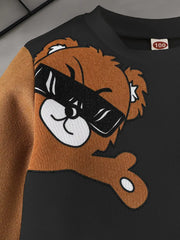 Colorblock Sleeves  Bear Pattern Sweatshirt