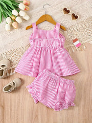 2pcs Charming Striped Bubble Cami Top with Bow & Ruffled Shorts Summer Outfit Set