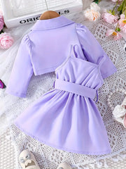 2pcs Long Sleeve Short Coat + Solid Color Suspender Skirt