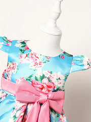 Slim-Fit Bodice & Flared Rose Floral Print Dress with Red Ribbon Belt Skirt