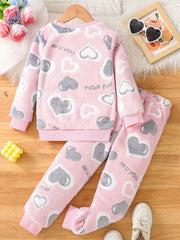 2pcs Spring and Autumn Round Neck Love Plush Hoodie Trousers Set