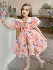 Pearl-Embellished Round Neck Short Sleeve Dress with Ruffled Bubble Cuffs & Bow Waist