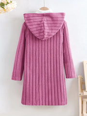 Solid Color Rib-knit Open Front Hooded