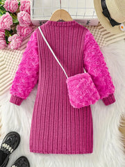 Fuzzy Round Neck Velvet-Textured Ribbed Long Sleeve Dress
