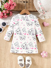 1pc  Cartoon Cat Print Long Sleeve Knit Dress