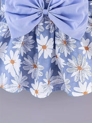 Flower Print Big Bow Baby Girls Sweet Dress Hat Set
