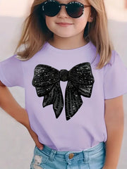Sparkling Bow Print Tee Crew Neck Short Sleeve T-Shirt