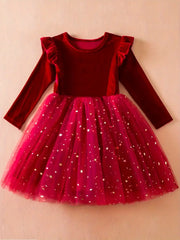 1pc Velvet Long-Sleeve Tutu Dress with Star & Moon Sequin