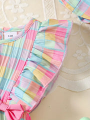 2pcs Sleeveless Plaid Romper & Bow Hat Set