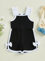 Sleeveless Ruffle Detail White Bow Accents Cute Summer Cotton Romper