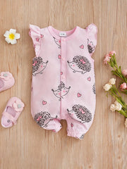 Hedgehog Print Flutter Sleeve Baby Girls Jumpsuit
