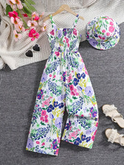 Floral Print Sleeveless Jumpsuit with Matching Beach Hat