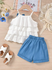 2pcs Ruffles Flower Hollow Bow Cami Top & Elastic Waist Plaid Shorts Set