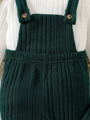 3pcs Forest Style Solid Color Long Sleeve Top + Ribbed Overalls + Hat Set