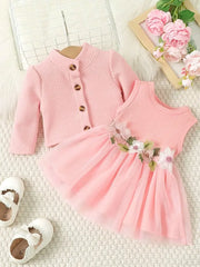 Casual Floral Dress with Long Sleeve Jacket Skirt Set