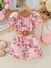 Pattern Puff Sleeve Romper Jumpsuit With Belt