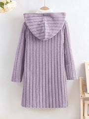 Solid Color Rib-knit Open Front Hooded