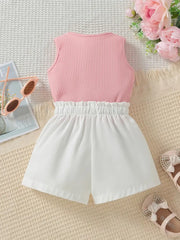 Ribbed U-Neck Bowknot T-Shirt Vest Top + White Elastic Waistband