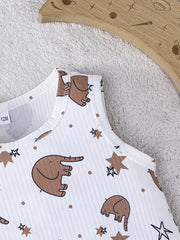 Sleeveless Round Neck Cute Elephant Print Vest + Letter Embroidered Decorative Shorts Set