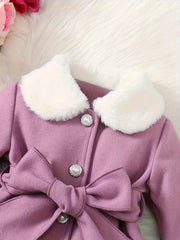 1pc Cute Fuzzy Collar Toddler Coat with Bow Detail