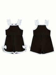 Sleeveless Ruffle Detail White Bow Accents Cute Summer Cotton Romper