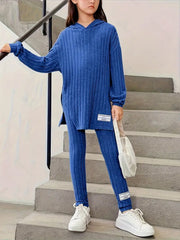 2pcs Ribbed Knit Long Sleeve Top + Pants Set