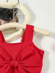 Red Shorts Bubble-Fold Design Large Bow Top & Ruffled Shorts Set