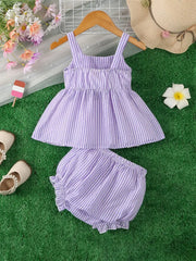 Bow Decor 2pcs Casual Summer Suit Sleeveless Ruffle Top and Ruffle Decorated Shorts