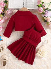 2pcs Long Sleeve Short Coat + Solid Color Suspender Skirt