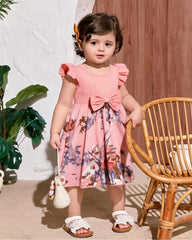 Casual Polyester Floral Print Dress with Ruffled Sleeves and Bow Detail