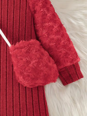 Fuzzy Round Neck Velvet-Textured Ribbed Long Sleeve Dress