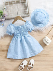 Bubble Sleeve Plain Color Dress with Cute Hat Two-piece Set