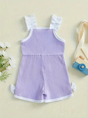Sleeveless Ruffle Detail White Bow Accents Cute Summer Cotton Romper