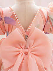 Pearl-Embellished Round Neck Short Sleeve Dress with Ruffled Bubble Cuffs & Bow Waist