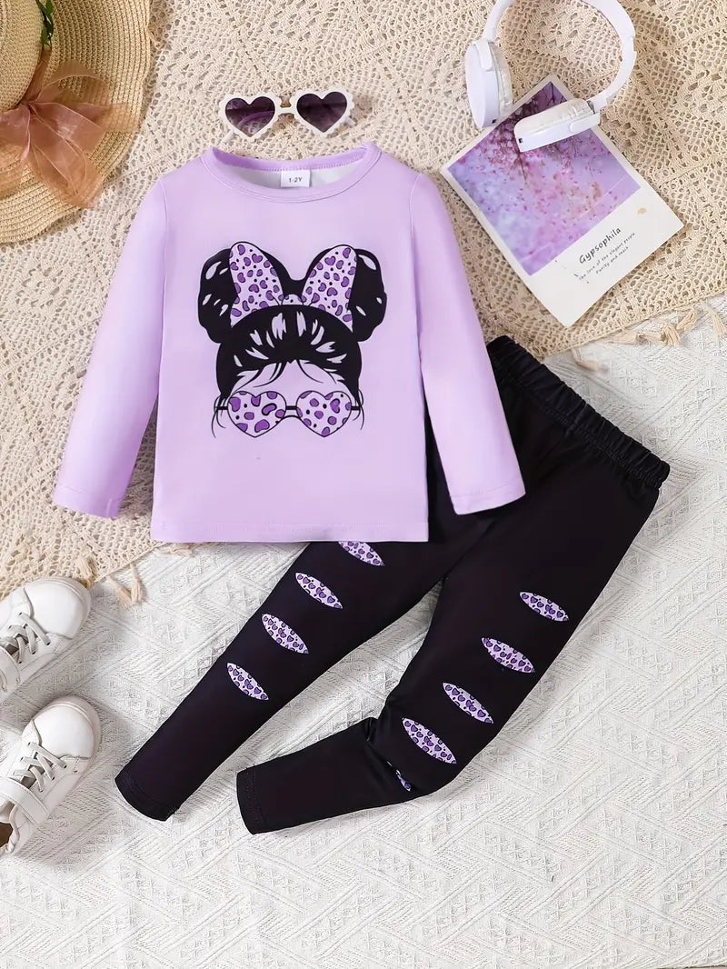 Leopard Print Portrait Long Sleeve Top & Leggings Set