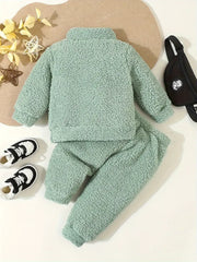 2pcs Set Zipper Half-Open Collar Top & Elastic Waist Cuffed Pants